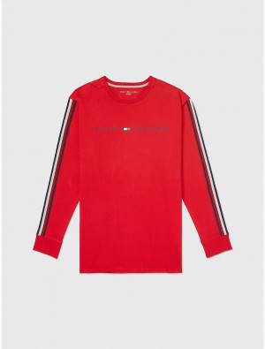 Tommy Hilfiger Mens Stripe - Discount Red Tops Logo T-Shirt Long-Sleeve Online Primary